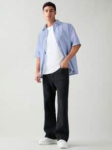 SWAVVY 男士字母拼布单排扣休闲梭织短袖宽松蓝色衬衫 - 藏蓝色 - 查看 3