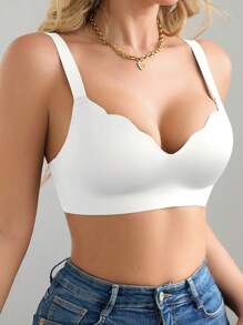 1pc Seamless Minimalist Wavy Edge Solid Color No Underwire Push Up Full Coverage Women Bra - White - View 7
