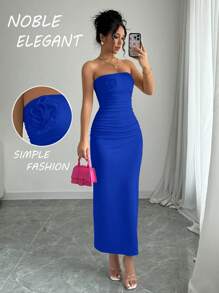 Elenzga 女士优雅高端外出、通勤、派对粉色露肩褶皱 3D 花卉修身开衩连衣裙新年服装长款女装 - 寶藍色 - 查看 1