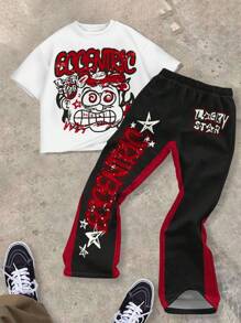 SHEIN Leap Crew 两件套男童圆领T恤和喇叭裤休闲套装，适合夏季穿着 - 彩色 - 查看 1