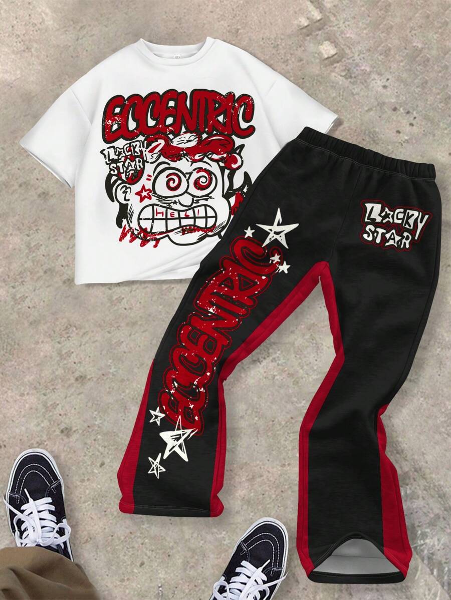 SHEIN Leap Crew 两件套男童圆领T恤和喇叭裤休闲套装,适合夏季穿着 - 彩色 - 查看 1