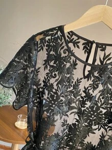 Franclia 女款優雅刺繡蕾絲上衣與純色細肩帶洋裝套裝 - 黑色 - 查看 6