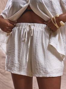 MUSERA 加大码宽松版型中长款系带短裤，仅限下装，可爱优雅商务休闲毕业典礼优雅正式早午餐假日亚麻优雅休闲日常穿着秋冬秋季