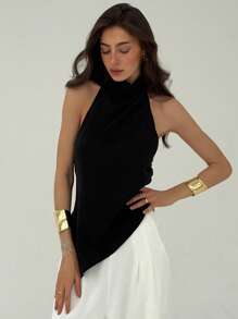 Aloruh 女士纯色不对称下摆挂脖上衣 - 黑色 - 查看 7