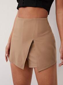 SHEIN PETITE CURVE Pantalones cortos informales de talla grande para mujer con abertura lateral en unicolor, para primavera/verano