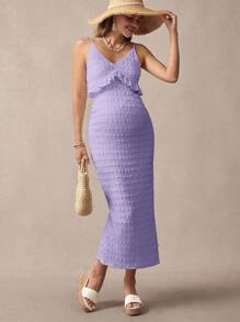 Boho Mama Vestido de embarazada de unicolor con parches, volantes y ajustado elegante de largo midi, vestido apropiado para baby shower en verano - Lila Púrpura - Ver 7