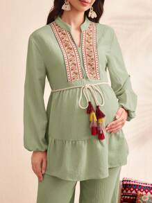 SHEIN 2pcs Maternity Tassel Trim Patchwork Lantern Sleeve Shirt And Pants Set - Green - View 6