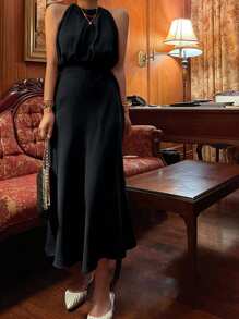 DAZY 2pcs/Set Women Solid Color Stand Collar Top And A-Line Skirt Spring & Summer - Black - View 3