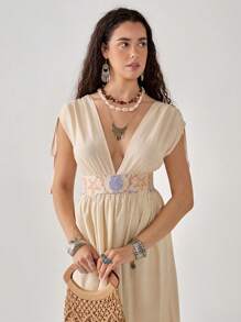 Florisole 波西米亚风格 V 领女式连衣裙、度假装 - 白色 - 查看 4