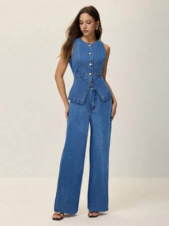 Poéselle Women's Casual Denim Vest And Jeans 2 Pieces Set, Fall Women Clothes