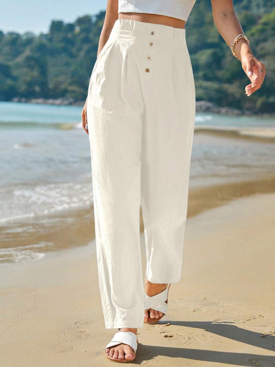 SHEIN Frenchy Women's Solid Color High Waist Button Design Casual Pants White Summer - White - View 1