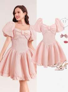 Girlism Teen Girl Retro Ruffled Hem Bowknot Decor Puff Sleeve A-Line Dress, Ruffle Waist Gathered, French Style, Pink, Suitable For Spring/Summer, Vacation, Party, Birthday, Holiday