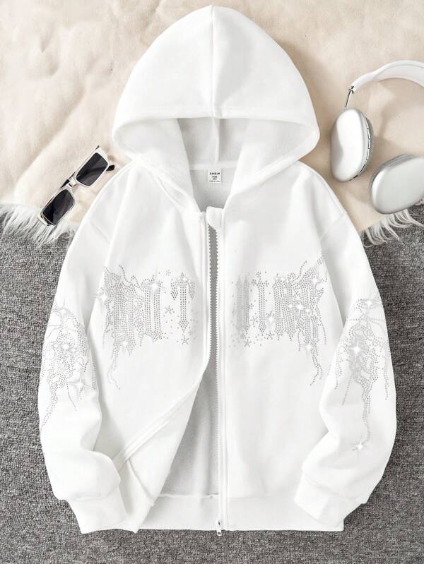 Sudadera con capucha y cremallera con adorno de rhinestones, estilo punk, de punto, para niña preadolescente, para fiesta de Halloween