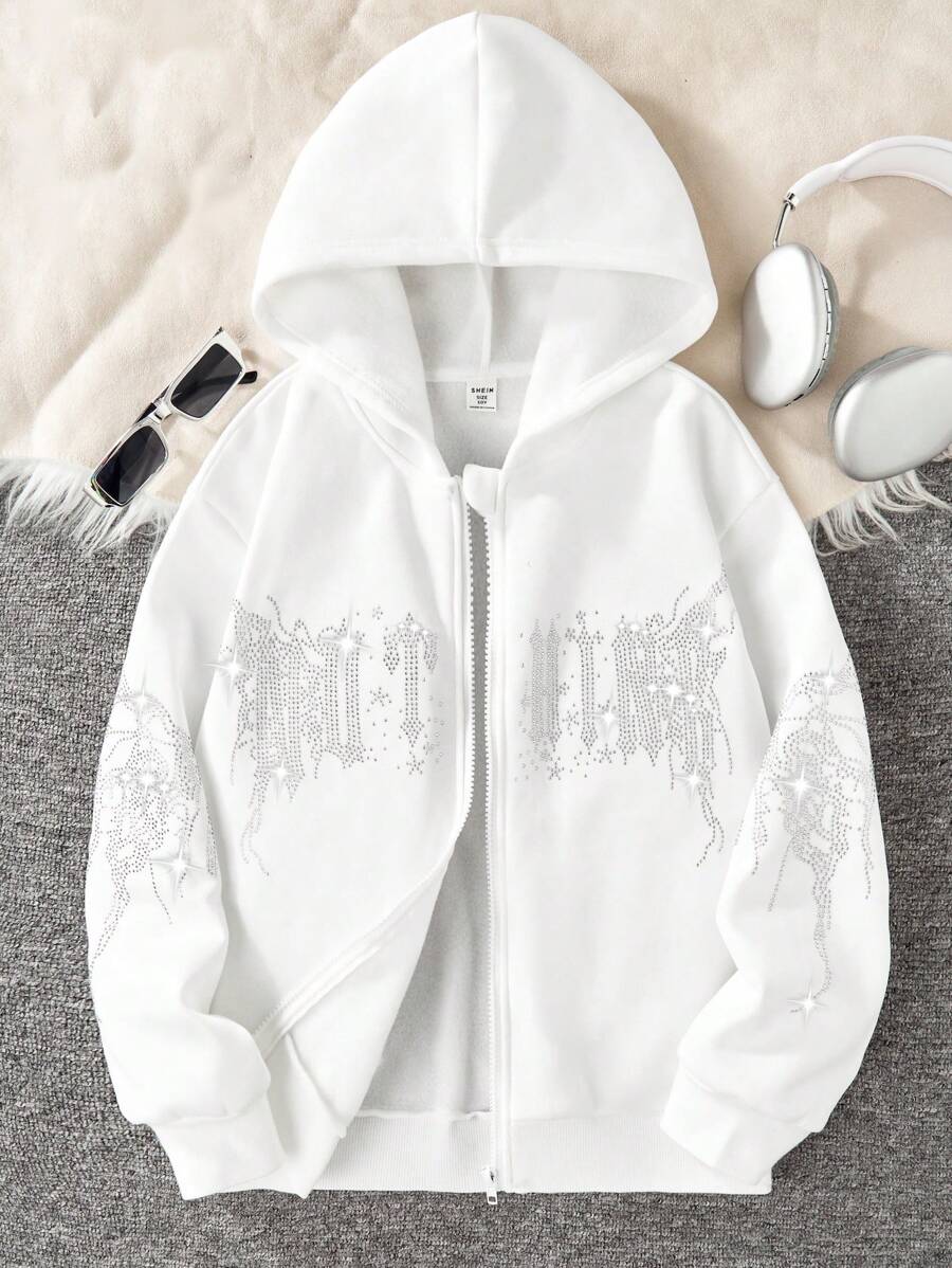 SHEIN Tween Girl 水钻装饰连帽拉链朋克风格针织运动衫,适合万圣节派对 - 白色 - 查看 1