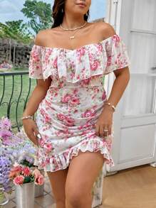DreamSkyne Vestido corto ajustado de verano para mujer de tallas grandes, romántico y elegante, con estampado de gasa de hombros descubiertos y volantes en el bajo - Multicolor - Ver 9