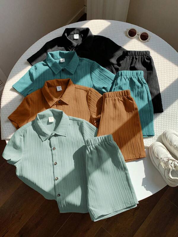 Conjunto de 8 piezas de camisa polo y pantalones cortos de colores bloqueo para niños, de estilo casual, elegante, deportivo, universitario y callejero, adecuado para uso casual diario, fiestas, viajes, reuniones, primavera/verano