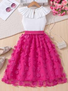 Tween Girls Elegant Solid Color Ruffle Blouse & 3D Floral Mesh Skirt Set