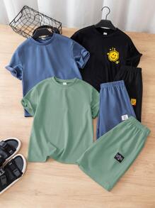 Tween Boy Buy 4 Get 2 Free, 6pcs/Set Casual Solid Color Graphic T-Shirts & Contrast Letter Elastic Waist Shorts, Suitable For Outdoor, School, Street, Party And Home Casual Wear In Autumn And Spring, Great Value