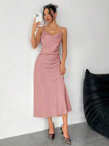 SHEIN PETITE Solid Color Swing Collar Long Satin Satin Suspender Dress Suitable For Dates,Summer Dresses For Women