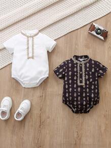 Bộ đồ liền thân 2 món cho bé trai, tay ngắn, cổ đứng, cài nút, hở một nửa, họa tiết nhún bèo, thích hợp cho các hoạt động ngoài trời, ở nhà và vui chơi - Nhiều màu - Xem 1