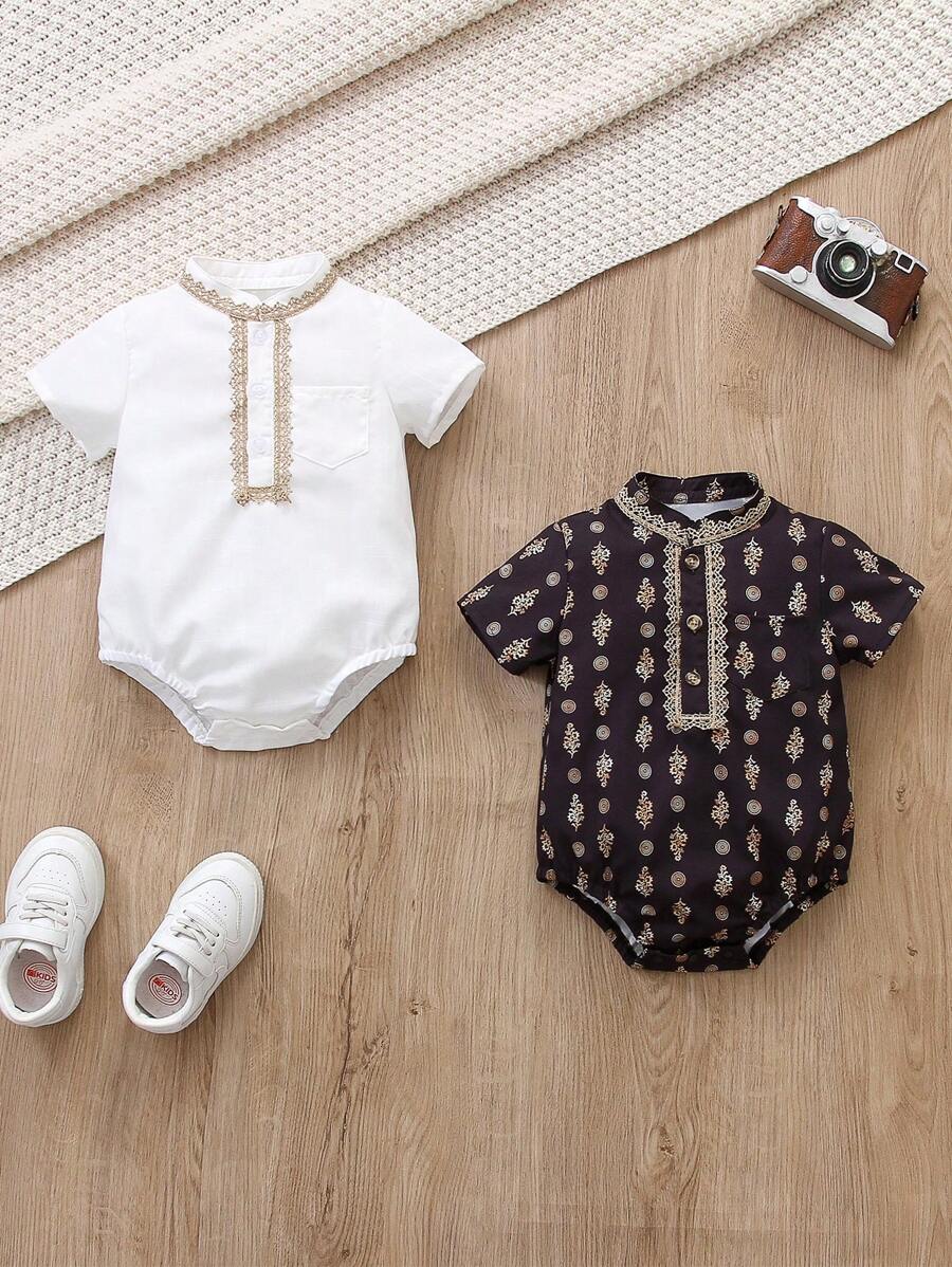 Bộ đồ liền thân 2 món cho bé trai, tay ngắn, cổ đứng, cài nút, hở một nửa, họa tiết nhún bèo, thích hợp cho các hoạt động ngoài trời, ở nhà và vui chơi - Nhiều màu - Xem 1