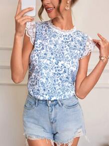 SHEIN VCAY Plus Size Women's Holiday Floral Print Contrast Lace Cap Sleeve Blouse Lace Top Cute Summer Tops