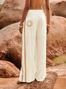 Poéselle 女式宽腿宽松休闲裤，带太阳刺绣口袋，女士度假装，海滩度假装，绣花裤，女士夏季度假装，女士度假装 - 白色 - 查看 5