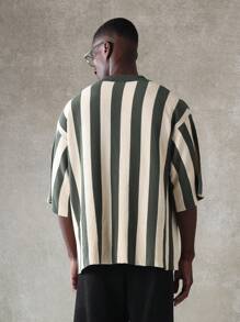 SUMWON Designer Striped Knitted Polo Shirt Retro Vertical Pattern Button-Front Casual Ribbed Classic Summer Spring Top Collared Streetwear Preppy Golf - Green - View 2