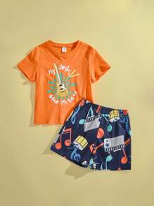 SHEIN Young Boys Retro Music Guitar T-Shirt And Music Print Shorts 2pcs Set - Multicolor - View 3