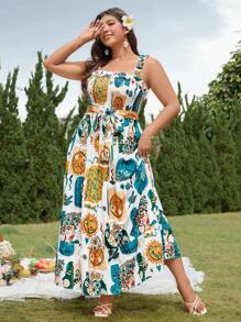 Breezaya Sukienka damska z nadrukiem kwiatowym w dużych rozmiarach, swobodna i wakacyjna na ramiączkach