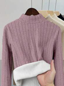 SHEIN Essnce Thermal Lined Slim Fit Women's Casual Mock Neck Long Sleeve T-Shirt