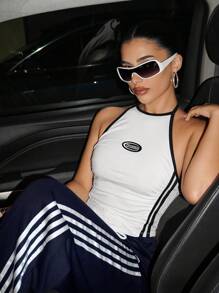 SHEIN ICON 2pcs Spring And Summer Going Out Sport Athleisure Neck Tracksuit Run Hanging Decor Vest And Loose Waist Casual Pants Set