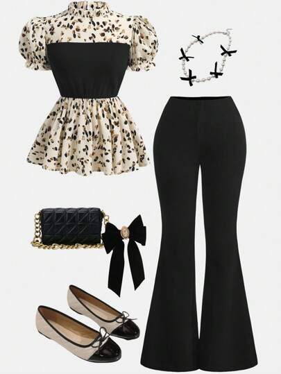 SHEIN Girlism 少女针织纯色拼布立领休闲衬衫和修身针织喇叭裤两件套，适合返校、优雅、派对、约会，带荷叶边袖子，撞色