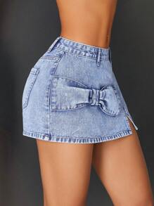 SHEIN ICON Fashionable Casual Bowknot Decor Ladies Denim Mini Skirt
