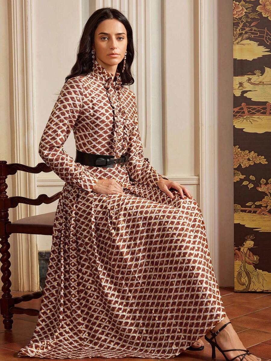 Anewsta Elaire Fashion Retro Metallic Printed Ruffle Hem Dress For Women, Valentine's Day, Vacation, New Year Outfit, Modest Design - Brown - View 1