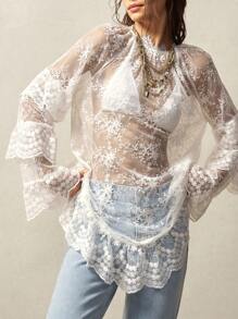 Bohemela 纯色编织蕾丝长袖女式迷你连衣裙 - 白色 - 查看 4