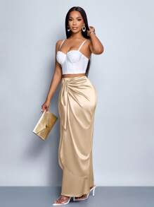 SOLERSUN Women's Elegant Simple Romantic Tie Front Satin Maxi Skirt,Versatile For Date, Commuting, Office