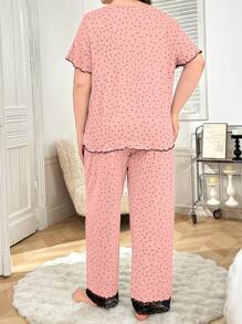 SHEIN Plus Size Women Romantic Dreamlike Pink Polka Dot Lace Patchwork Extremely Soft Knit Short Sleeve Top & Pants Pajama Set, Outfits - Pink - View 2