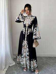 Calvaya Elegante abito con maniche a zampa e stampa paisley