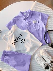 SHEIN 3 件套年轻男孩韩版宽松字母拼布衬衫、编织短裤和针织笑脸印花背心，适合春夏日常、运动、郊游、校园、派对、度假、拍照 - 紫色 - 查看 5