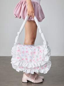 ROMWE Kawaii 1 pieza Bolso de mano con decoración de lazo y volantes en color rosa, de gran capacidad, adecuado para el día de San Valentín y citas