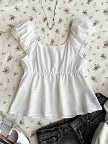 SHEIN TEENGIRL White Bubble Textured Fabric Square Neckline A-Line Short Shirt, Sweet Cute Blouse, Collegiate Shirt