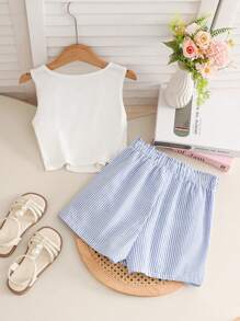 SHEIN Tween 女童夏季休闲假日 U 领罗纹弹力无袖上衣和裹身条纹短裤套装 - 白色 - 查看 2