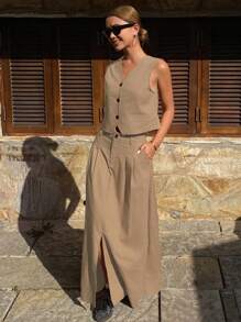 DAZY Vintage Style Solid Color Fitted Sleeveless V-Neck Vest & A-Line Mini Skirt 2 Pieces Set For Women, Spring & Summer Work Women Clothes Linen
