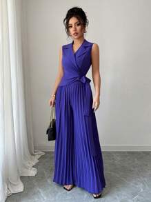 Gloray 2pcs/Set Suit Collar Sleeveless Tie V-Neck Top With High Waist Pleated Pants