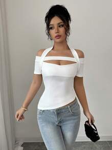 Elenzga Halter Neck Halterneck Slim Fit Cropped T-Shirt With Angled Hem - White - View 3