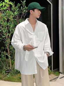 DAZY 男士白色落肩长袖单排扣休闲口袋衬衫，春季，秋季 - 白色 - 查看 2