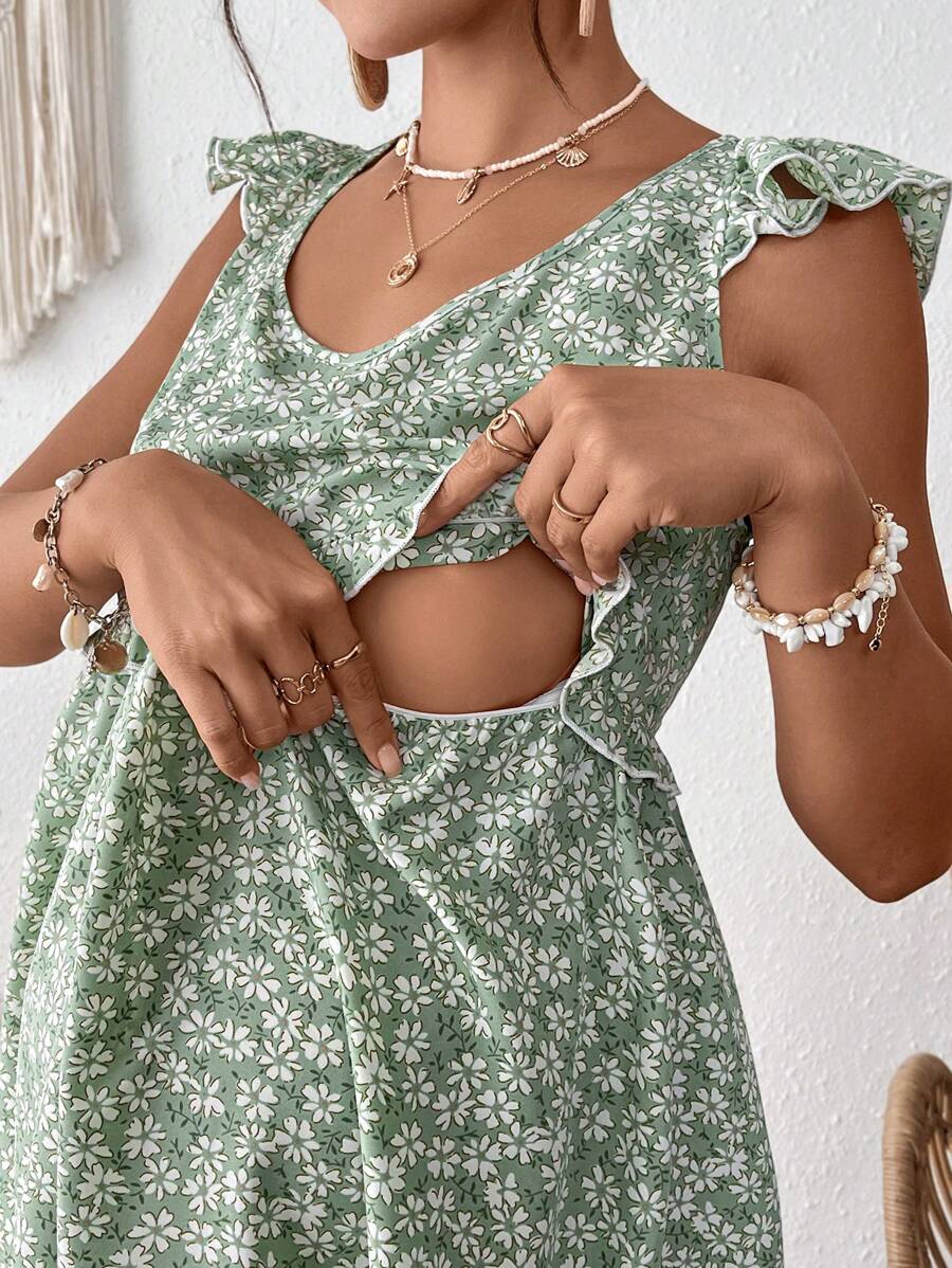 SHEIN Maternity Ditsy Floral Cap Sleeve Dress, Suitable For Vacation - Green - View 1