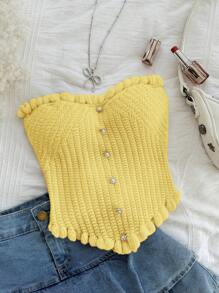 Soleia Plus Size Women's Spring White Knitted Tube Top With Pearl Buttons, Romantic Undershirt - Mustard Yellow - View 4