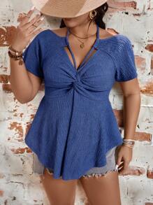 Breezaya Plus Size Vrouwen Strik Voorkant Knoop Korte Mouw Effen Kleur T-shirt